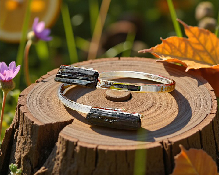 Bracelete de Turmalina Negra Banhado a Prata