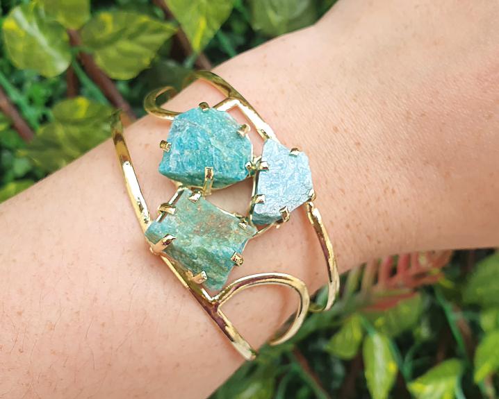Bracelete de Amazonita Bruta Banhado a Ouro