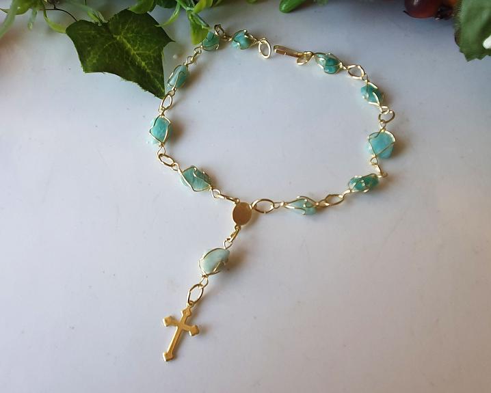 Pulseira Terço de Quartzo Verde Banhada a Ouro