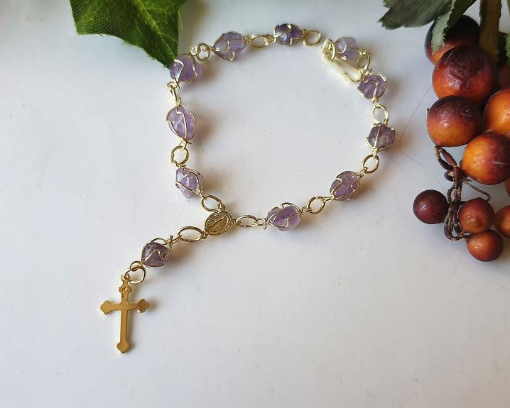 Pulseira Terço de Ametista Banhada a Ouro