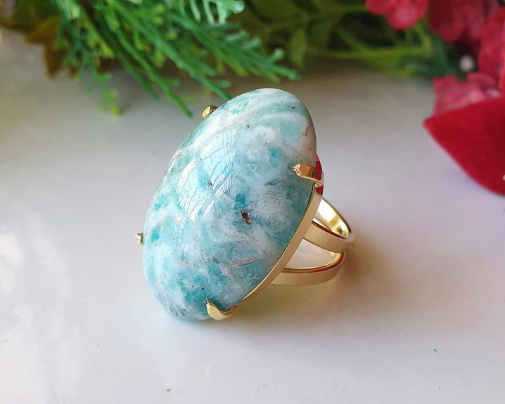 Anel de Amazonita Banhado a Ouro (Ajust&aacute;vel)