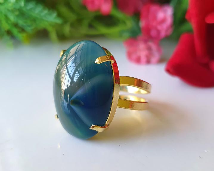 Anel de Ágata Azul Banhado a Ouro (Ajustável)