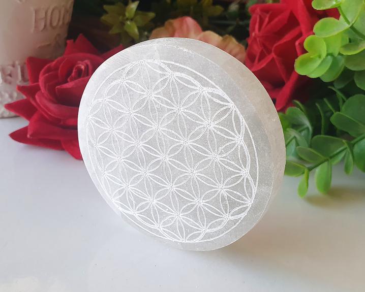 Selenita - Diversos - Placa Selenita Redonda com Símbolo Flor da Vida 7 cm - 120g 0