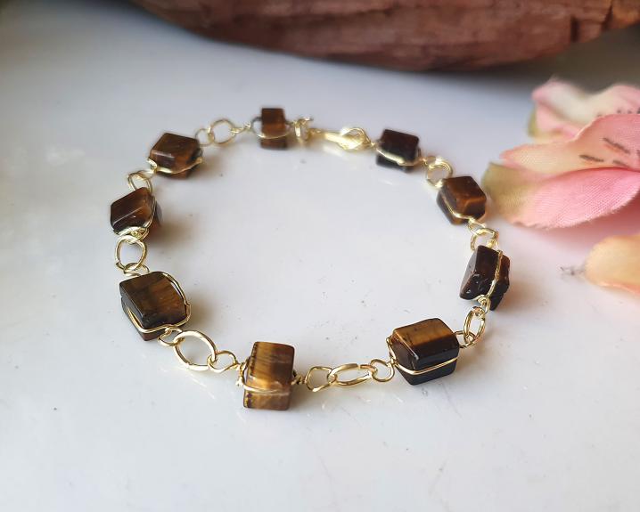 Pulseira de Olho de Tigre Banhada a Ouro