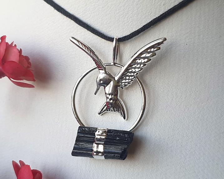 Turmalina Negra - Jóias e Semijoias - Pingente Beija-Flor com Turmalina Negra banhado a prata 0