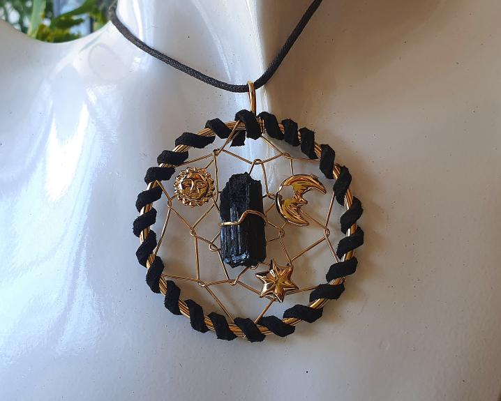 Pingente Dream Catcher de Turmalina Negra- Forte Proteção- banhado a Ouro