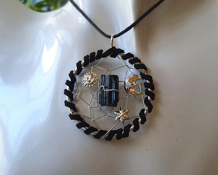 Pingente Dream Catcher de Turmalina Negra- Forte Proteção- banhado a Prata