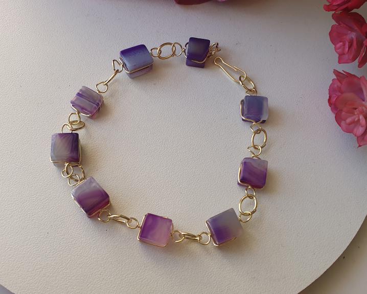 Pulseira de Ágata Roxa Banhada a Ouro