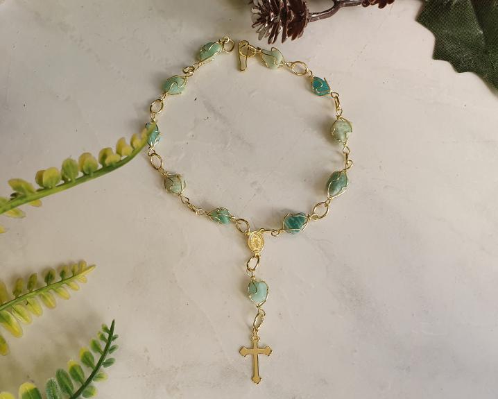 Pulseira Terço de Amazonita Banhado a Ouro