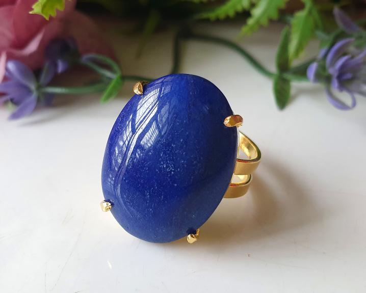 Anel de Quartzo Azul Banhado a Ouro (Ajustável)