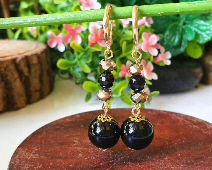 Brincos de Ágata Negra Banhados a Ouro