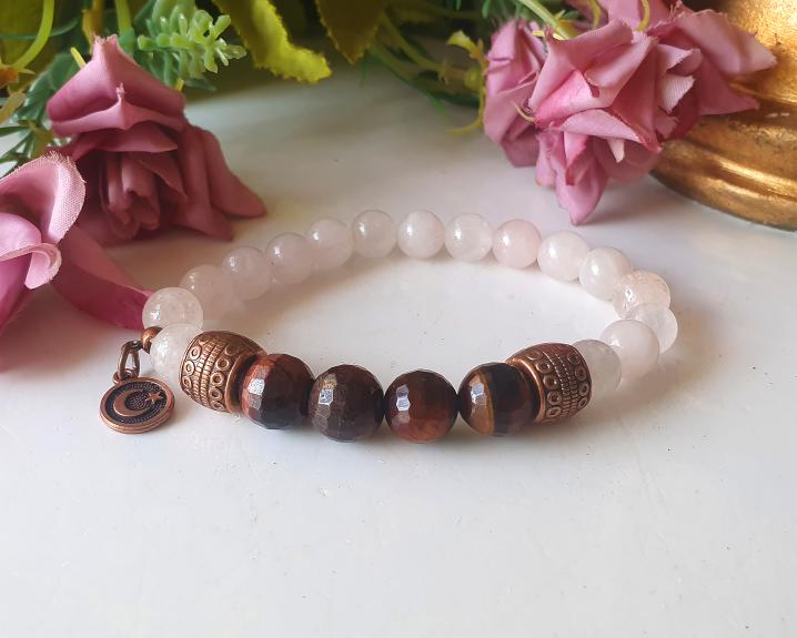 Pulseira de Quartzo Rosa e Olho de Boi