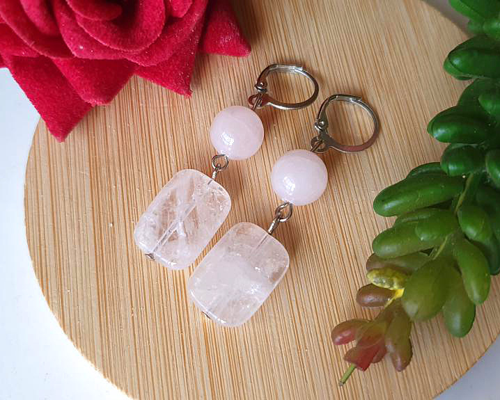 Brincos de Quartzo Rosa Banhados a Prata