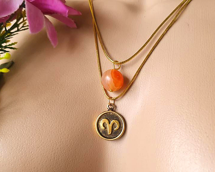 Mistas - Jóias e Semijoias - Colar Duplo do Signo de Áries banhado a Ouro (Cornalina) 0