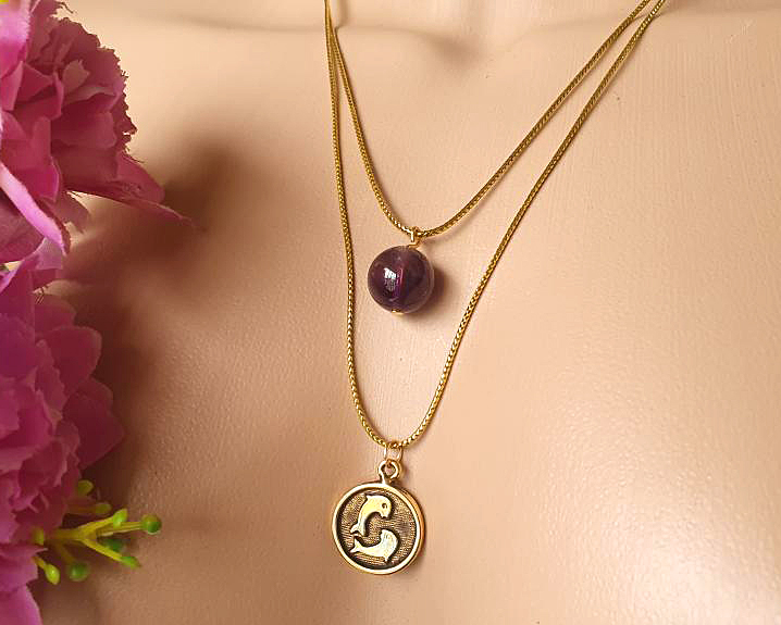 Mistas - Jóias e Semijoias - Colar Duplo do Signo de Peixes Banhado a Ouro (Ametista) 0