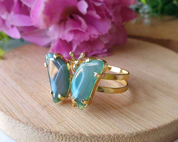 Anel Borboleta de Ágata Banhado a Ouro (Ajustável)