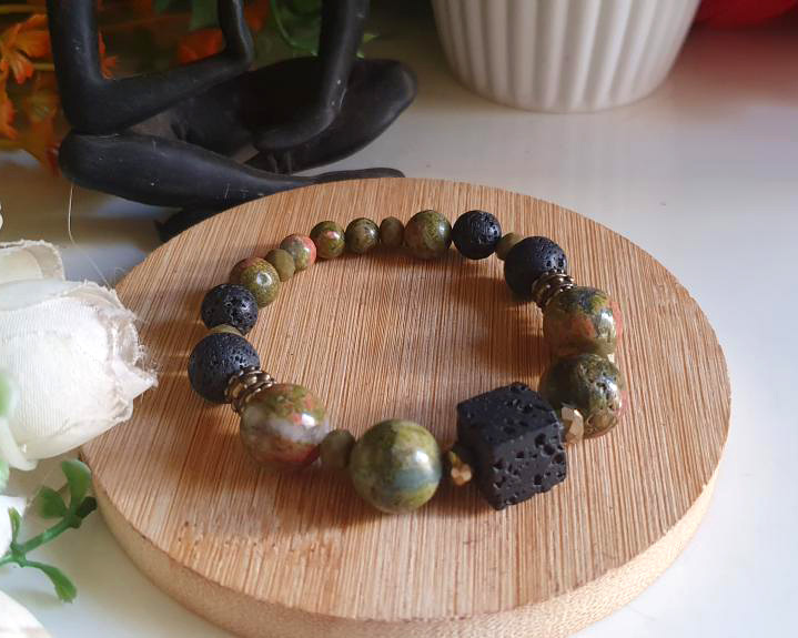 Pulseira de Unakita e Pedra Vulcânica "Vulcão Adormecido"