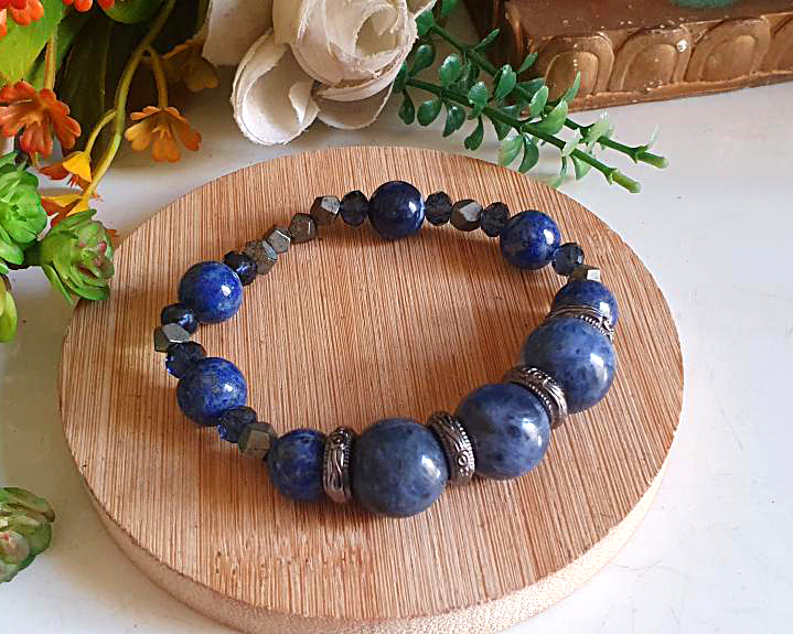 Pulseira de Sodalita, Lápis Lazúli e Pirita- Sabedoria de Toth