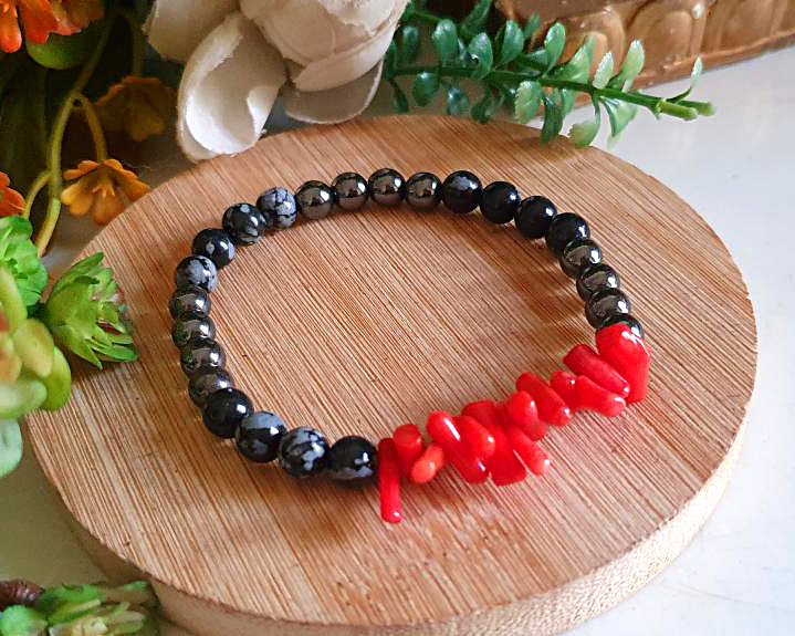 Pulseira de Prote&ccedil;&atilde;o Vulcan (Hematita, Obsidiana Flocos e Coral)