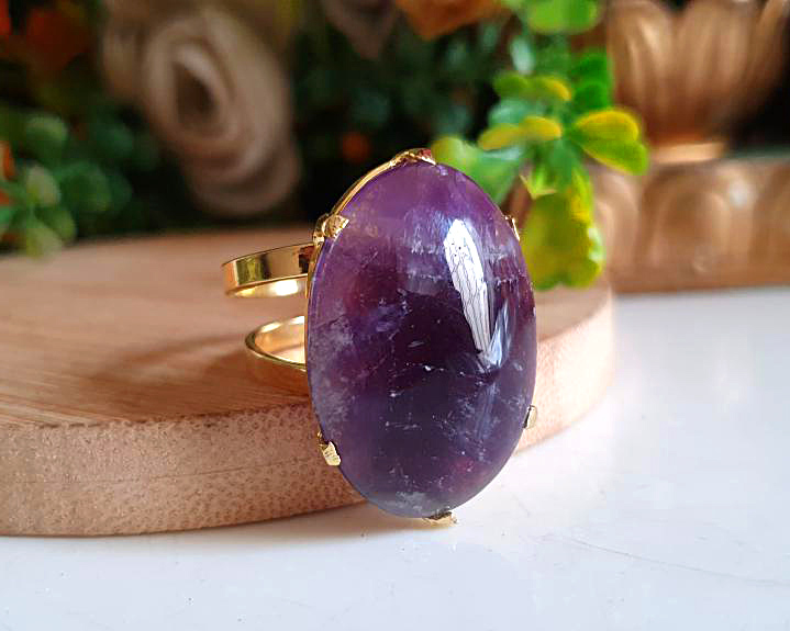 Anel de Ametista Banhado a Ouro (Ajustável)