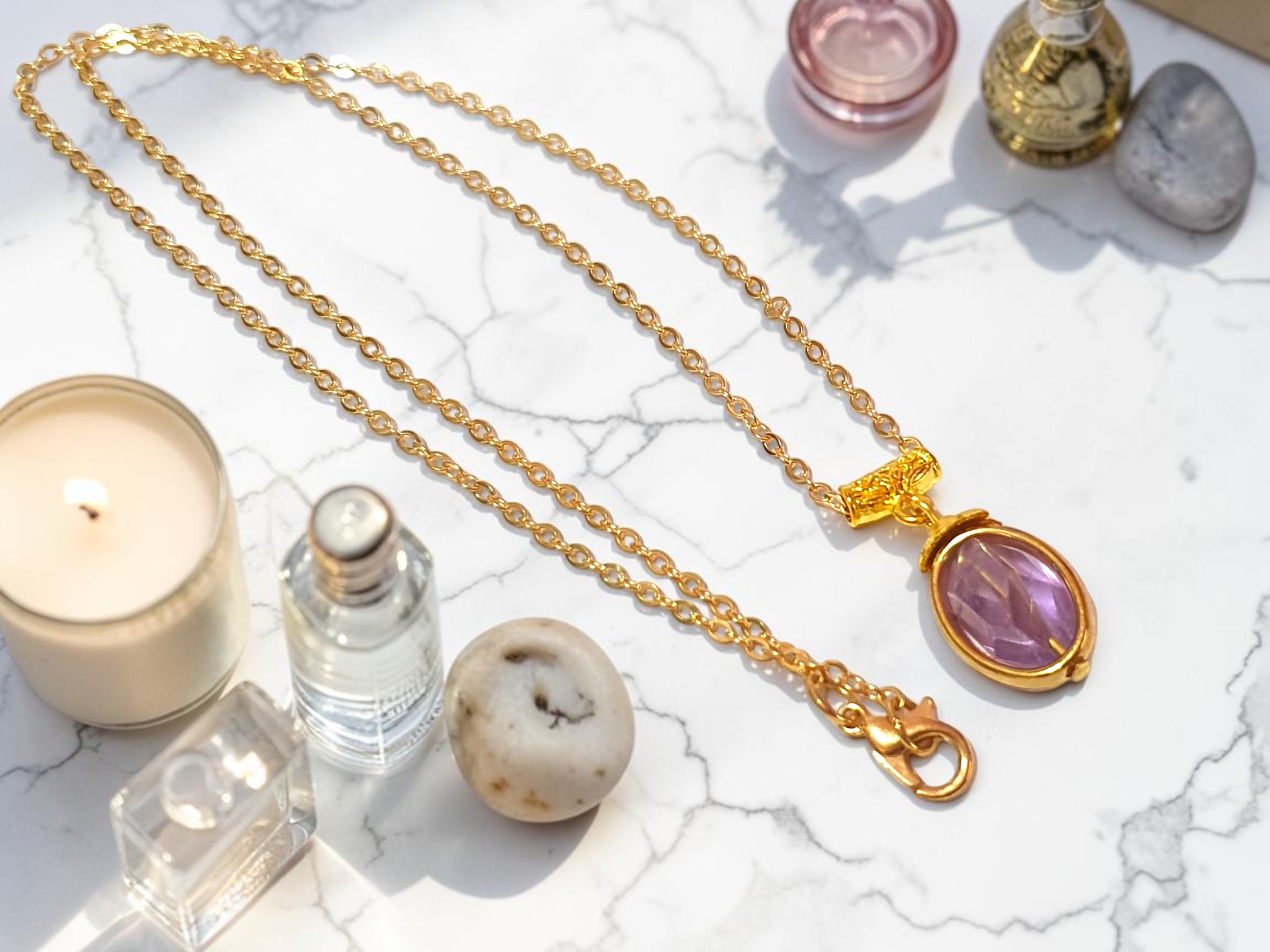 Colar Cristal de Ametista em Aço Inox Dourado