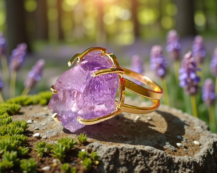 Anel de Ametista Banhado a Ouro (ajustável)