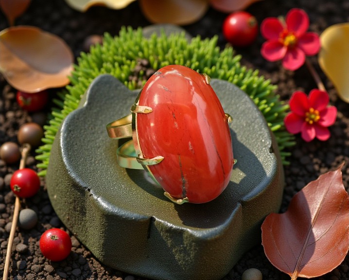 Anel de Jaspe Vermelho Banhado a Ouro (Ajustável)