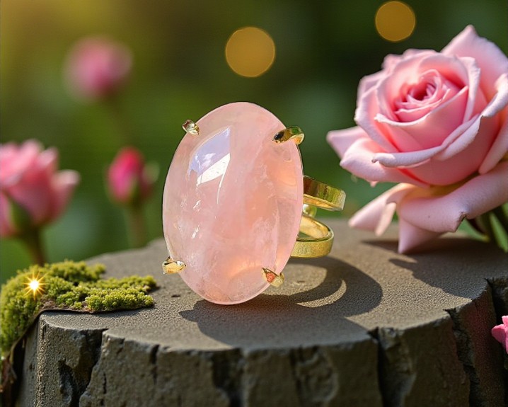Anel de Quartzo Rosa Banhados a Ouro (Ajustável)