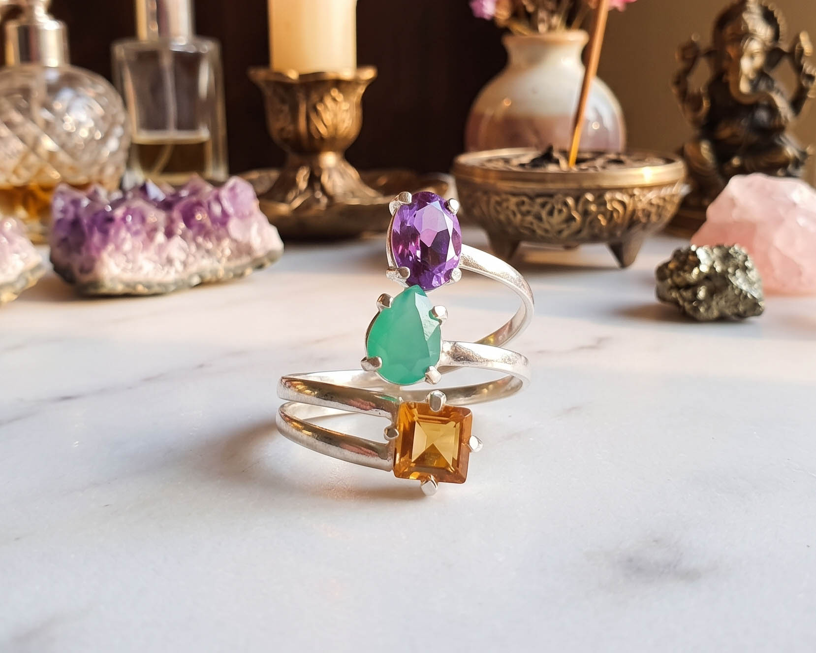 Anel triplo  em Prata  950 (Ametista, Ágata Verde e Citrino) Ajustável
