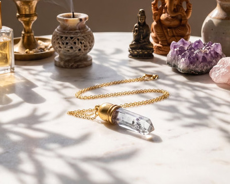 Colar Ponta de Cristal em Aço Inox Dourado