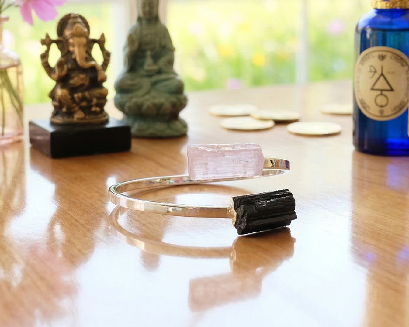 Bracelete de Proteção Turmalina negra e Selenita Banhado a Prata (ajustável)