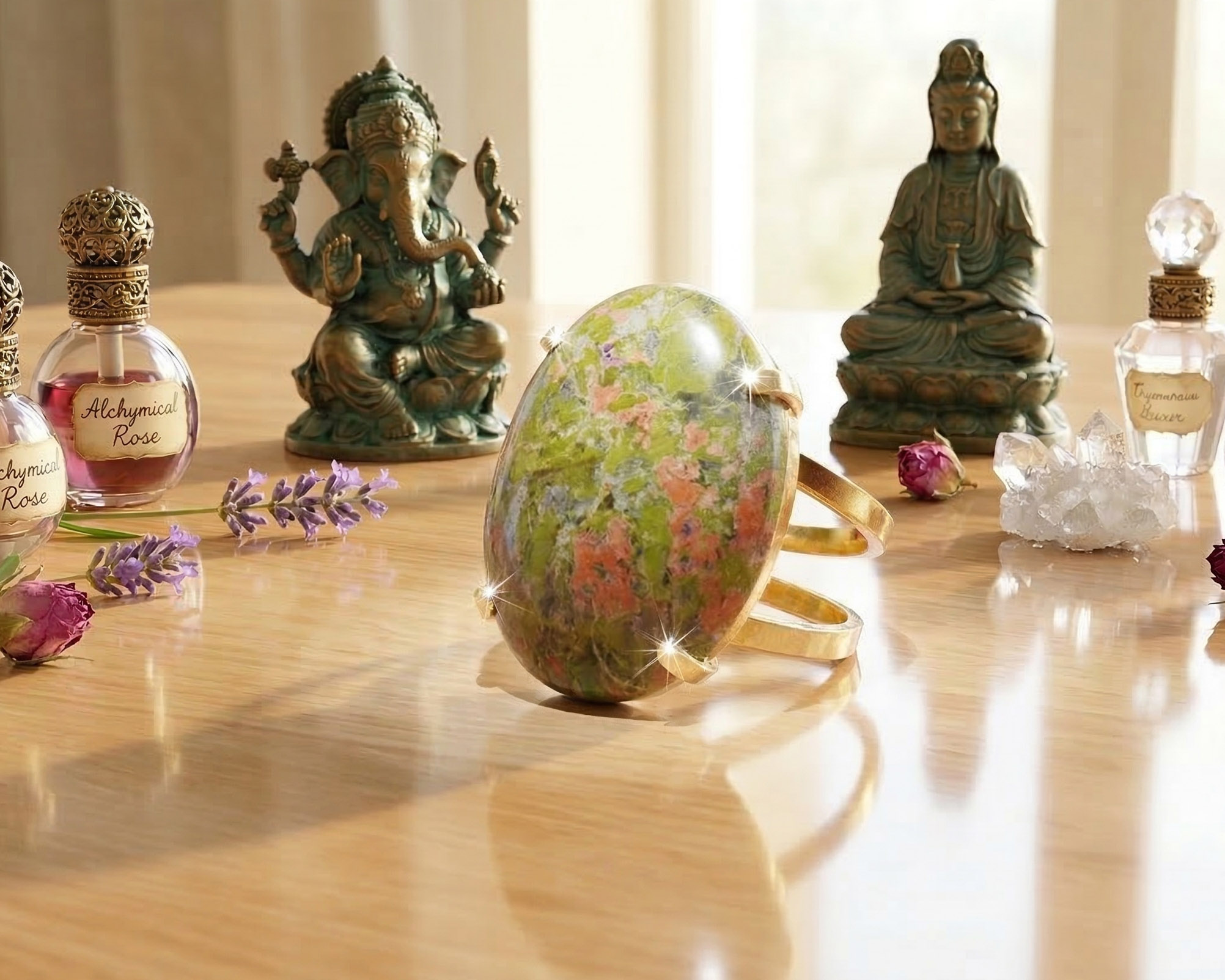 Anel de Unakita Banhado a Ouro (Ajust&aacute;vel)