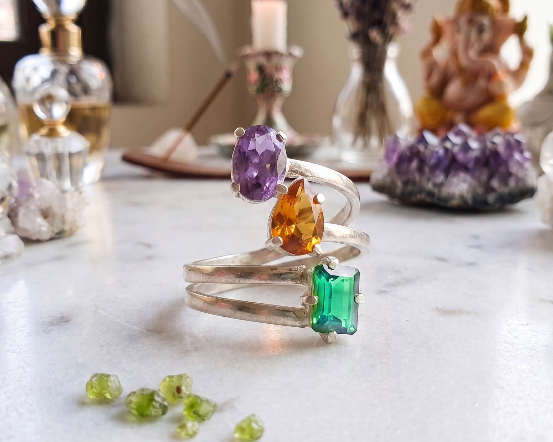 Anel triplo  em Prata  950 (Ametista, Citrino e Ágata Verde) Ajustável