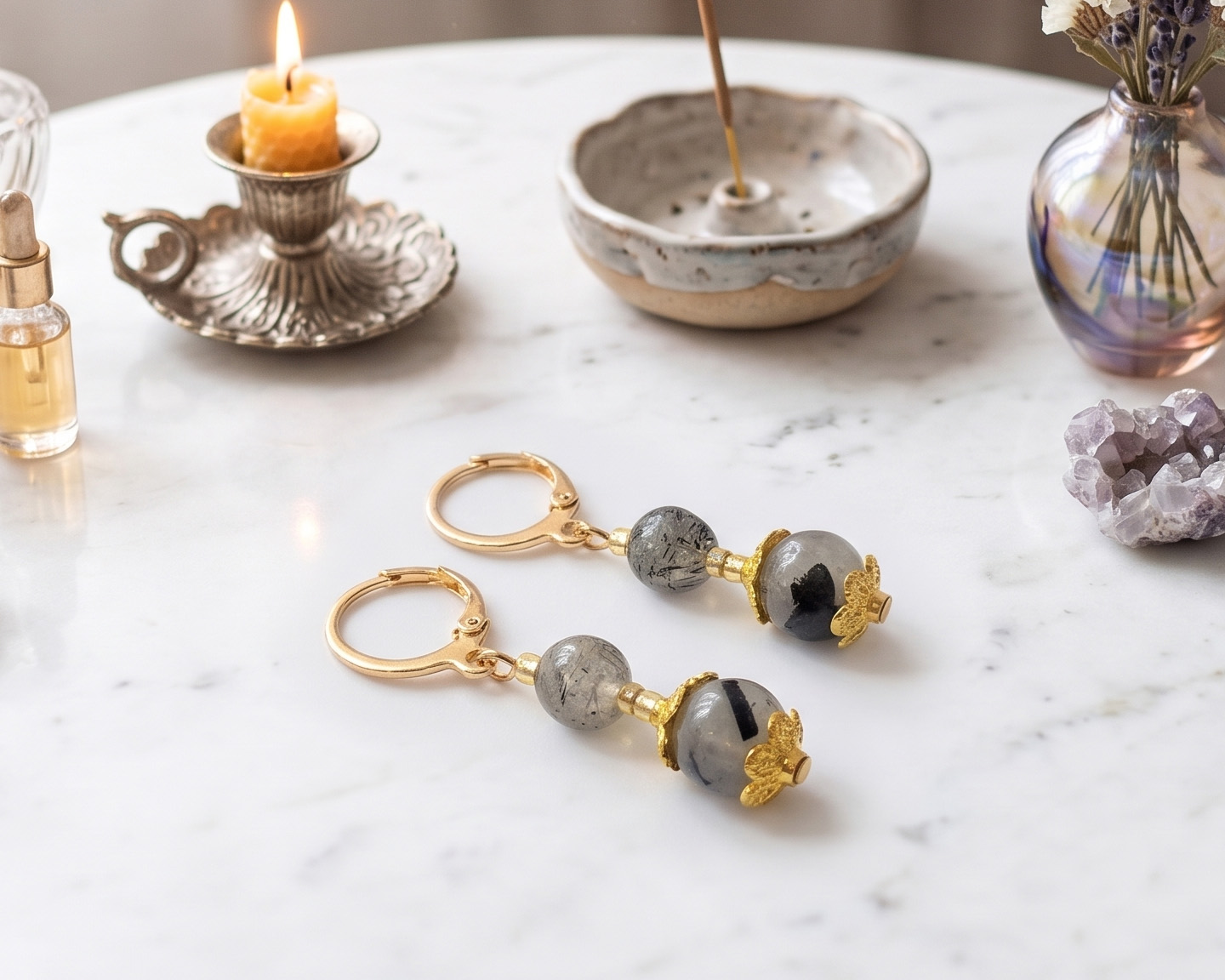 Brincos de Quartzo Turmalina Banhados a Ouro