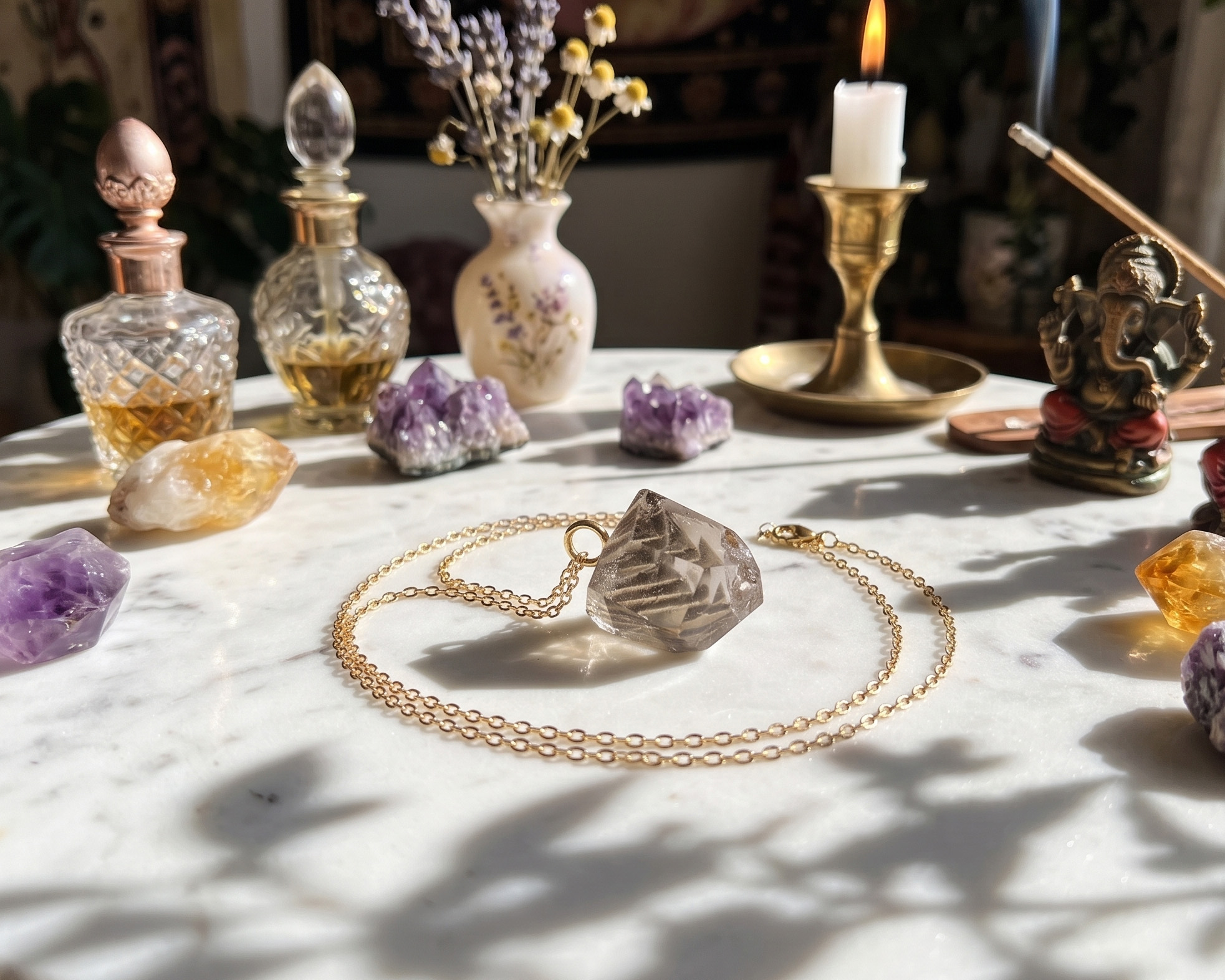 Colar Ponta de Cristal Fantasma em A&ccedil;o Inox Dourado