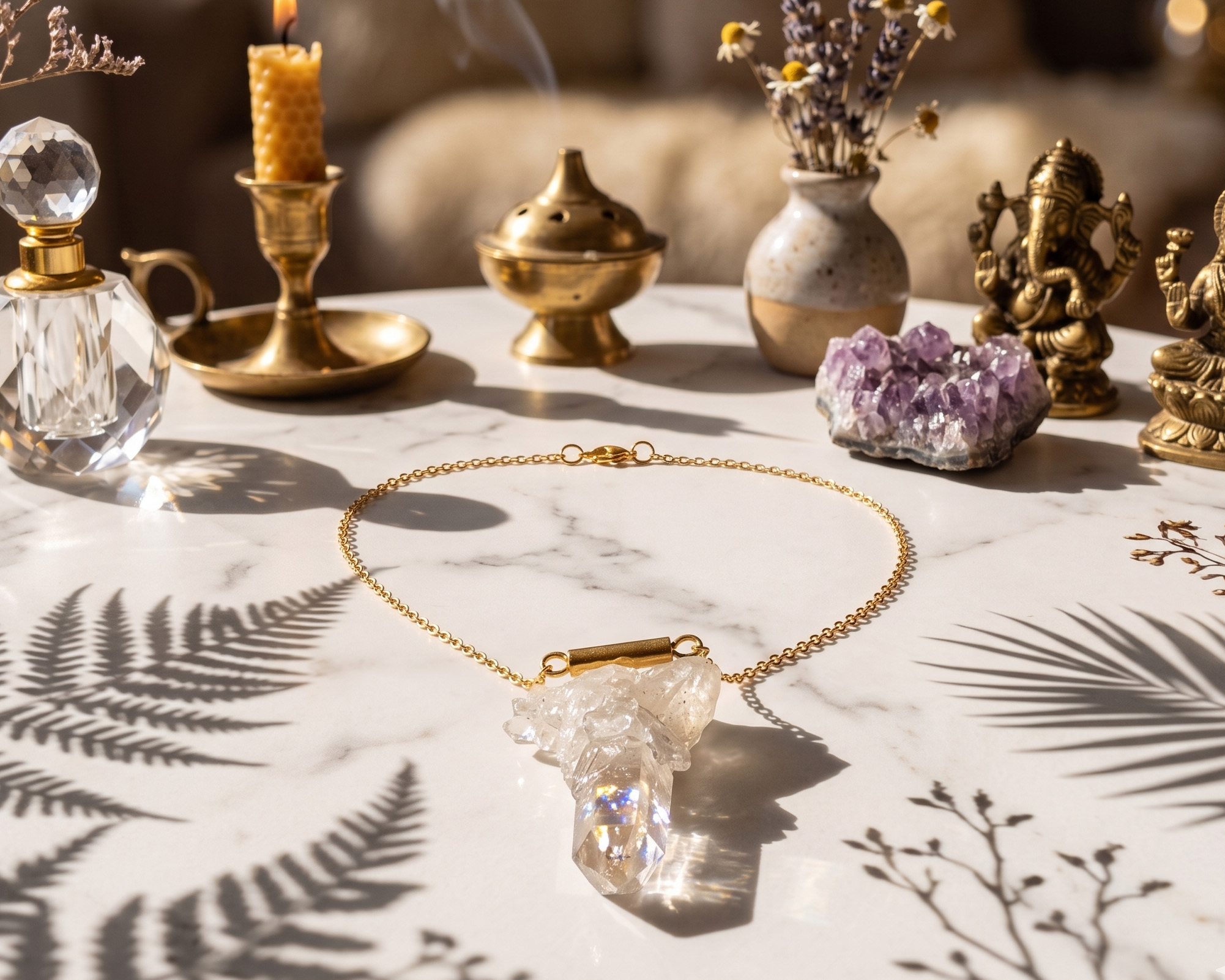 Colar Drusa de Cristal em Aço Inox Dourado