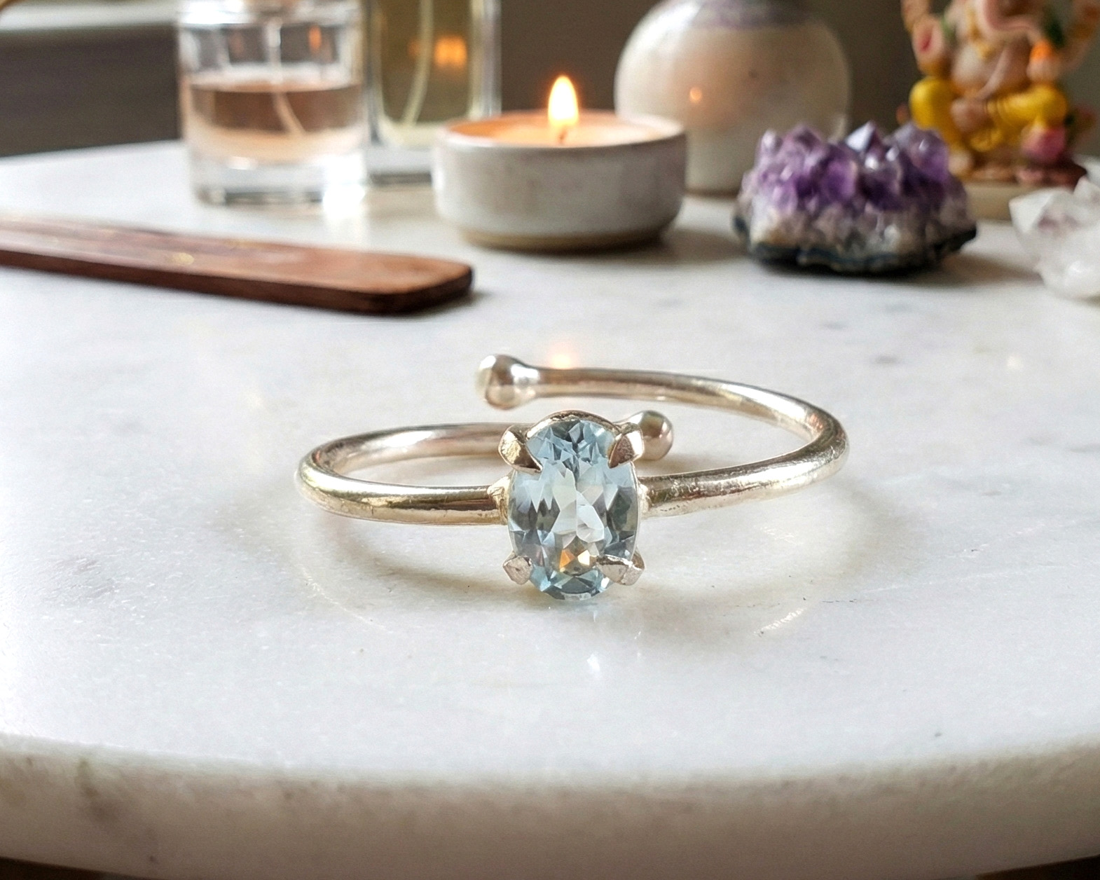 Anel de Água Marinha em Prata (ajustável)