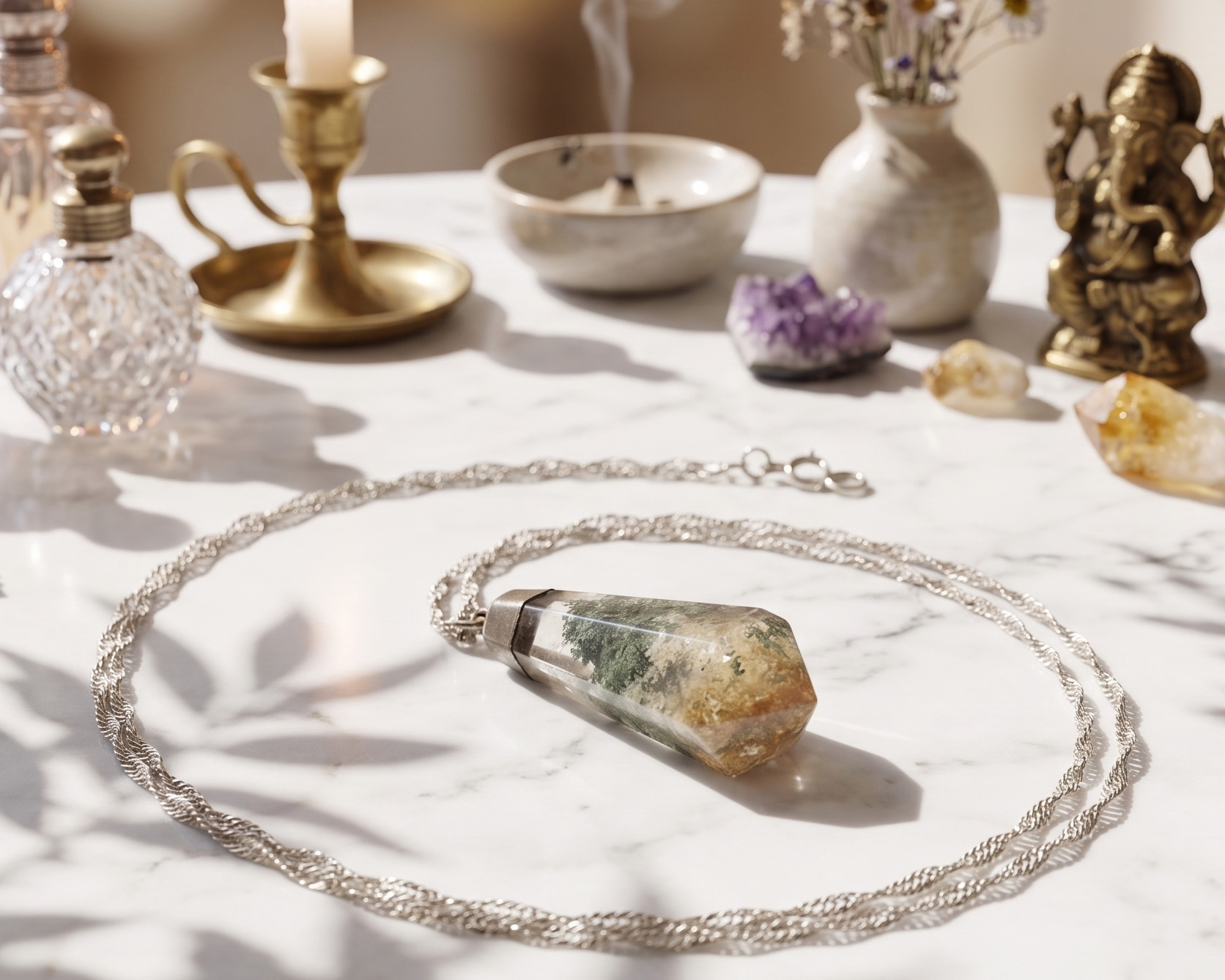 Colar de Cristal de Quartzo Xamã Banhado a Prata