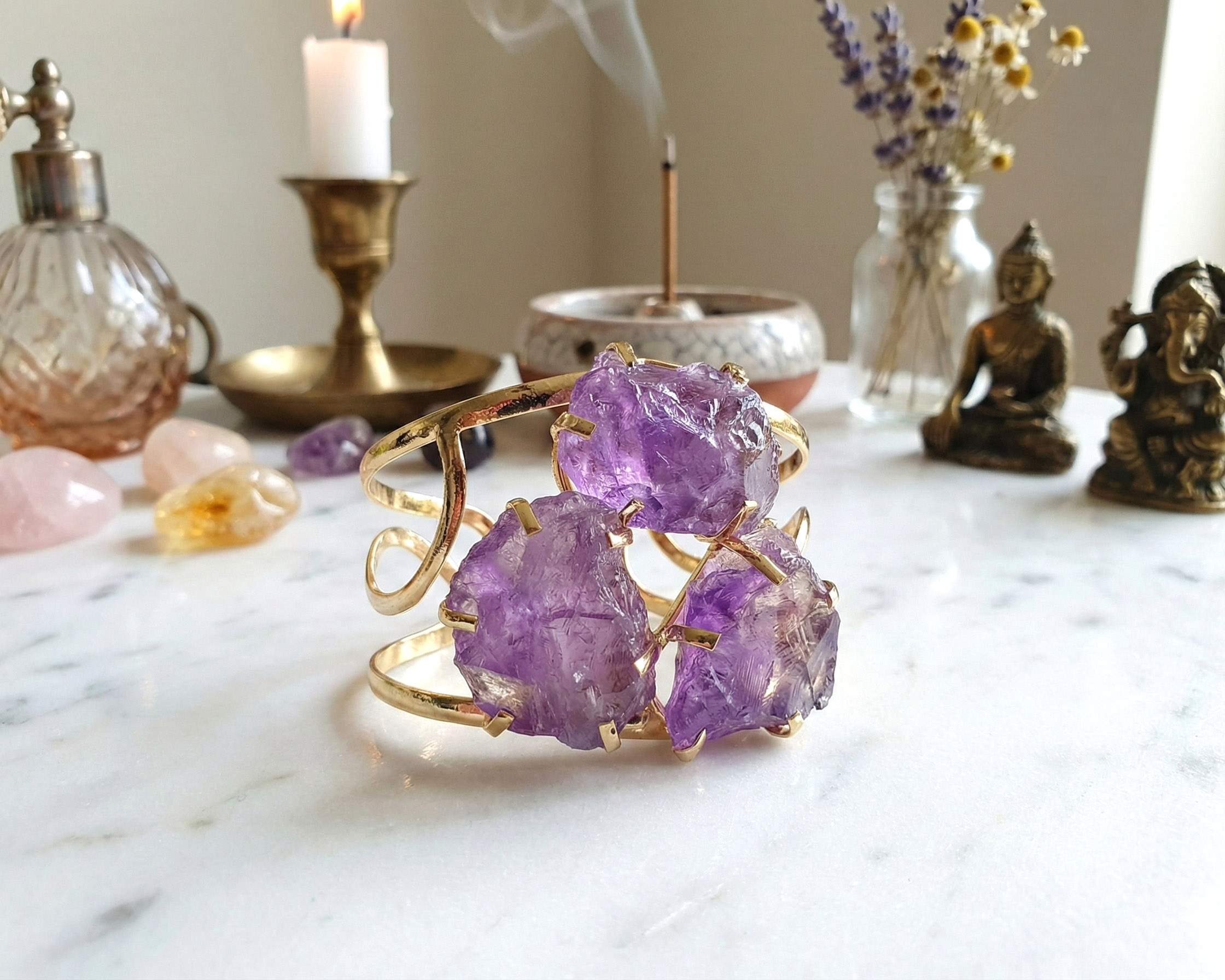 Bracelete de Ametista Tripla Banhado a Ouro (Ajustável)