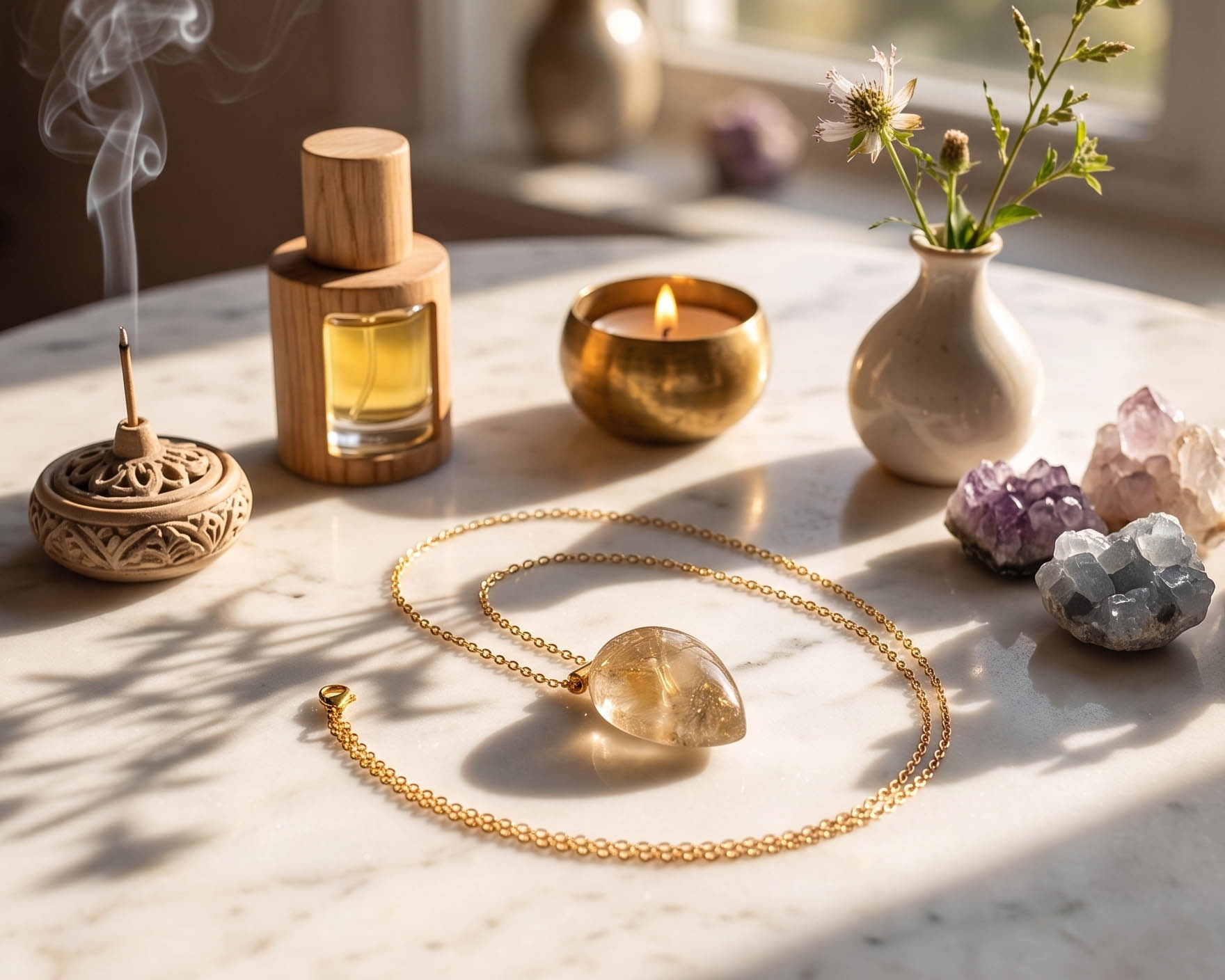 Colar de Cristal de Quartzo Xamã em Aço Inox Dourado