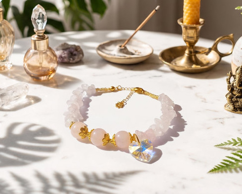 Pulseira Quartzo Rosa  em a&ccedil;o Inox Dourado -Heart Glows-