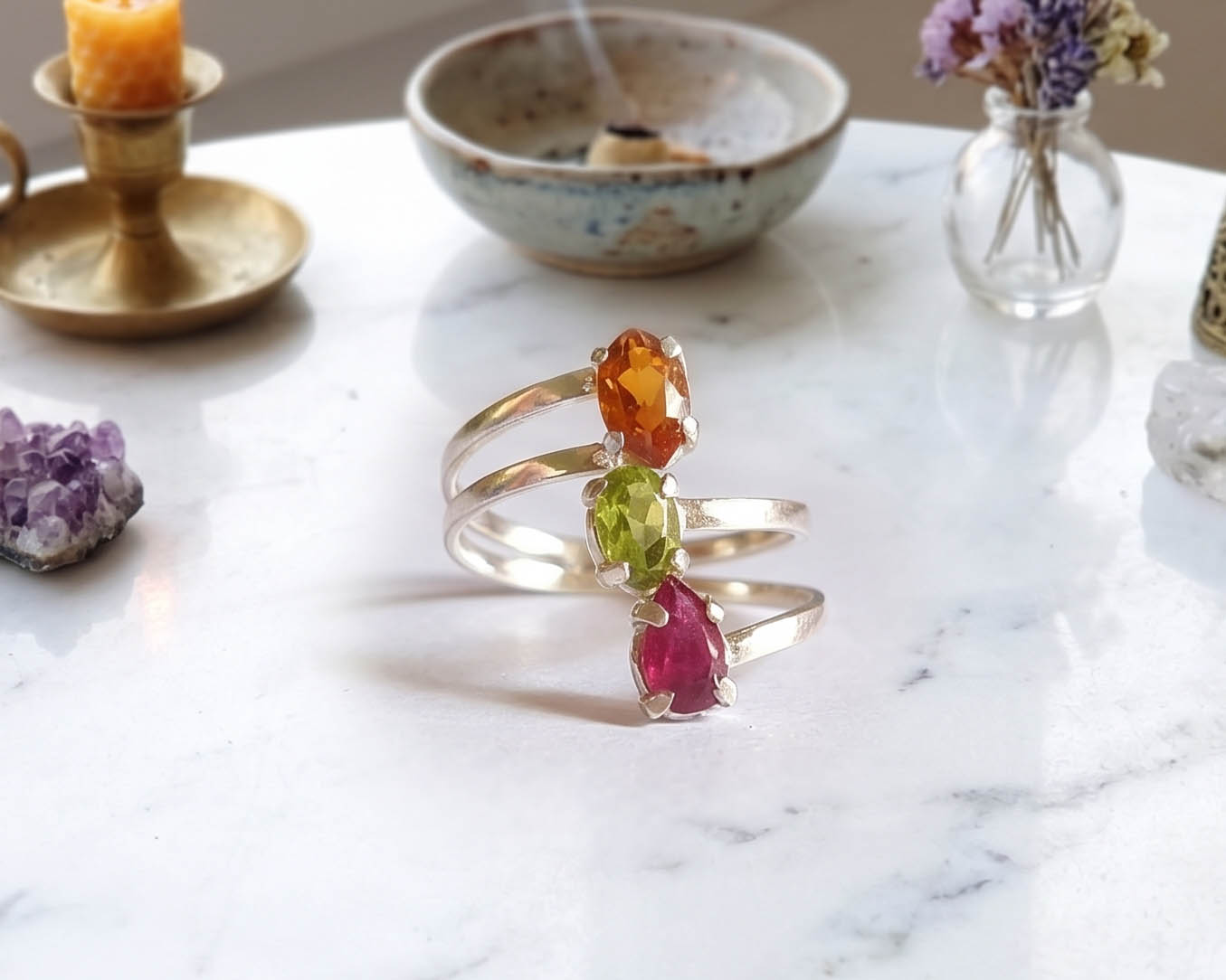 Anel triplo  em Prata  950 (Citrino,Peridoto e Turmalina Rosa) Ajustável