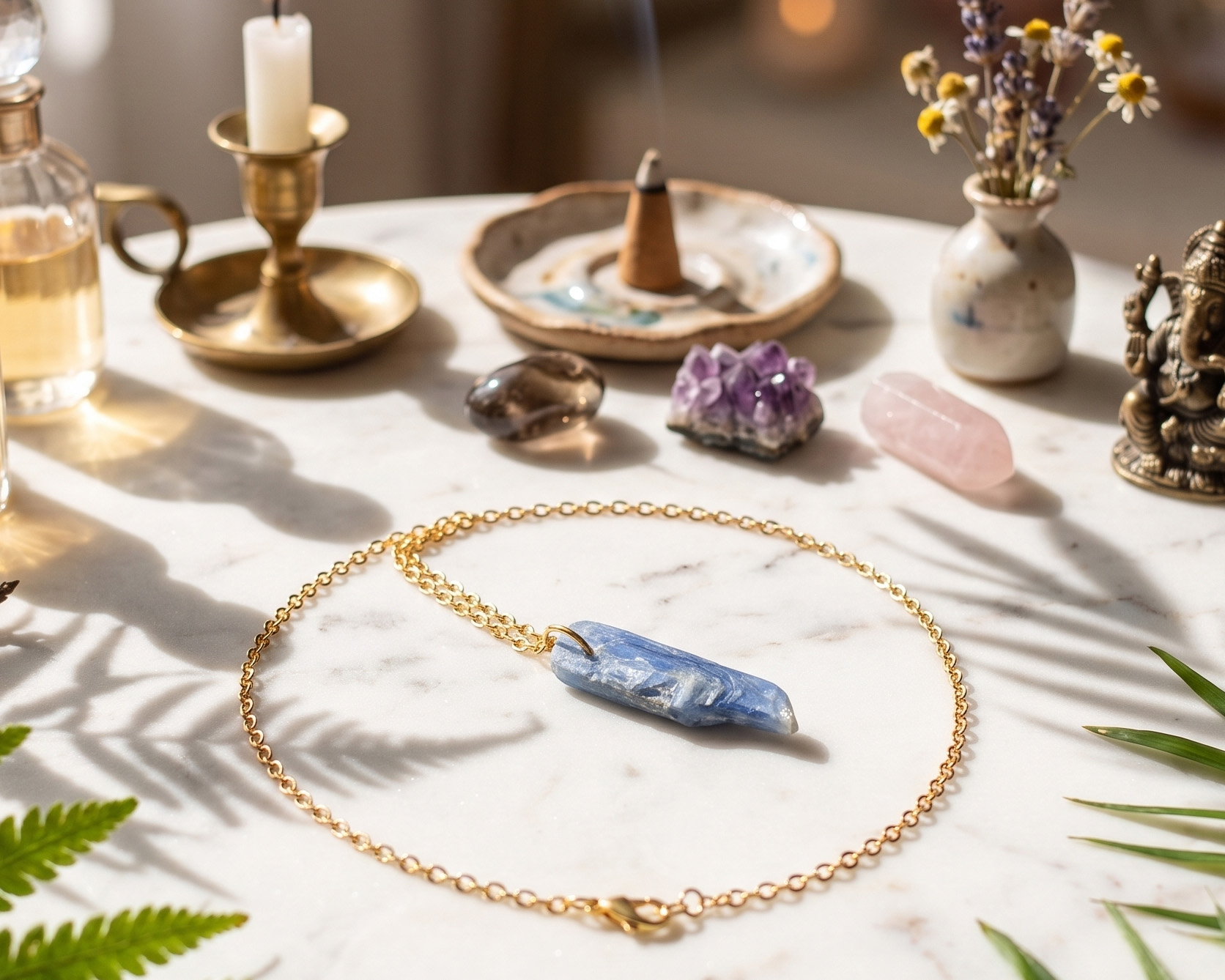 Colar de Cianita Azul em Aço Inox Dourado