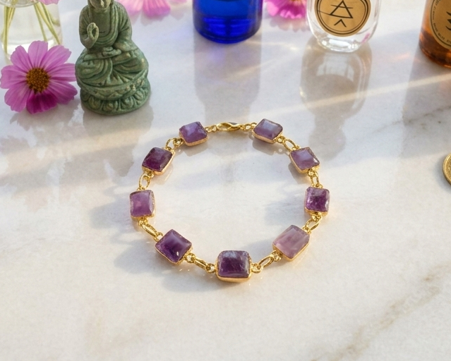 Pulseira de Ametista Banhada a Ouro