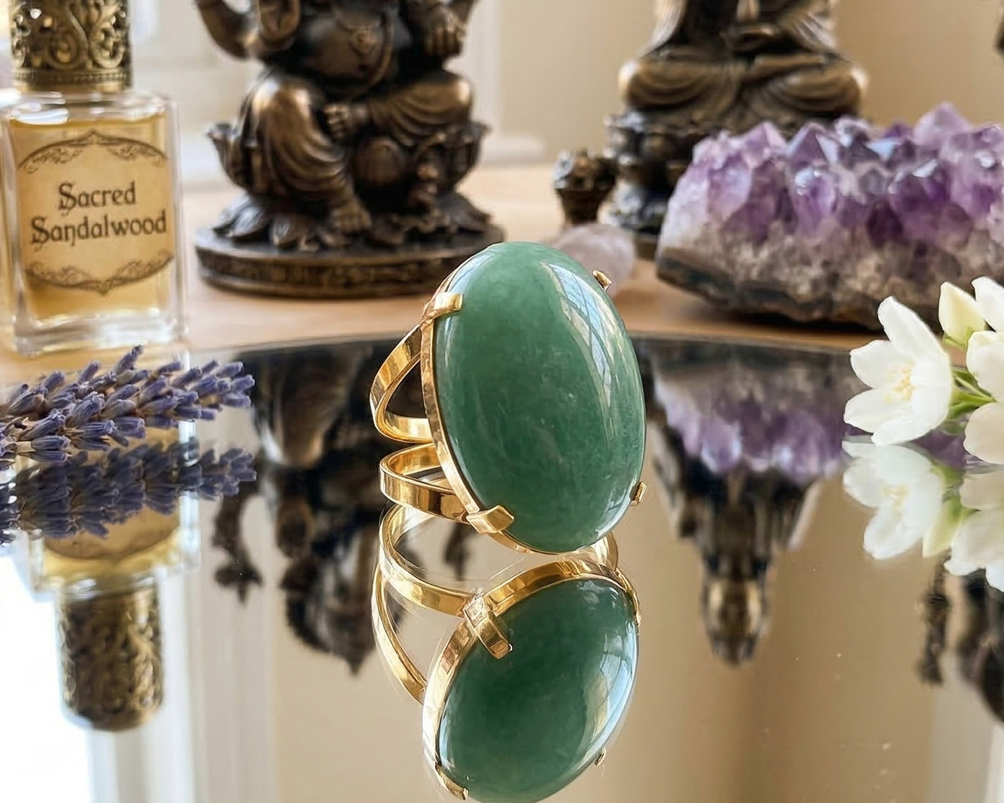 Anel de Quartzo Verde Banhado a Ouro (Ajust&aacute;vel)