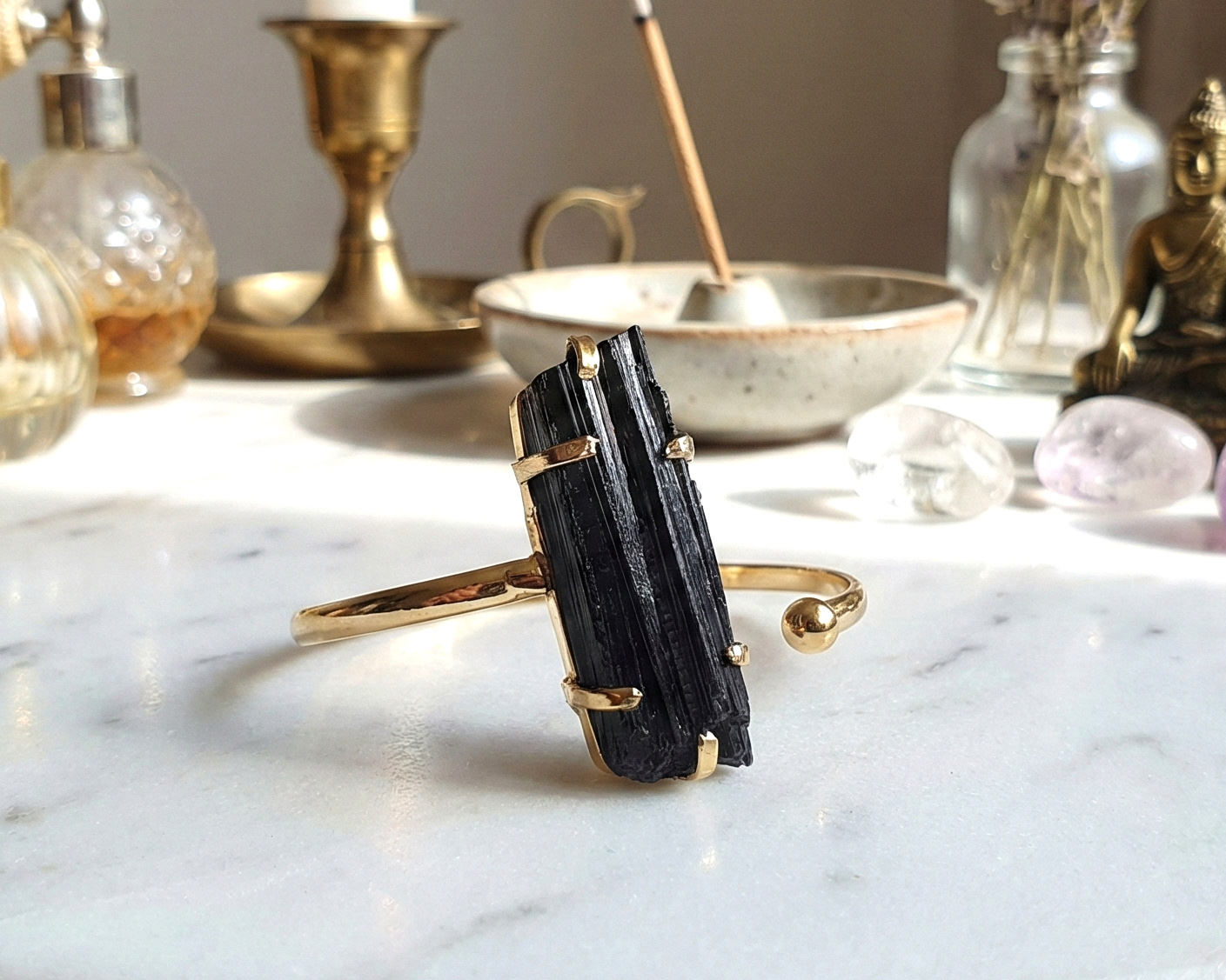 Bracelete de Turmalina Negra Banhado a Ouro