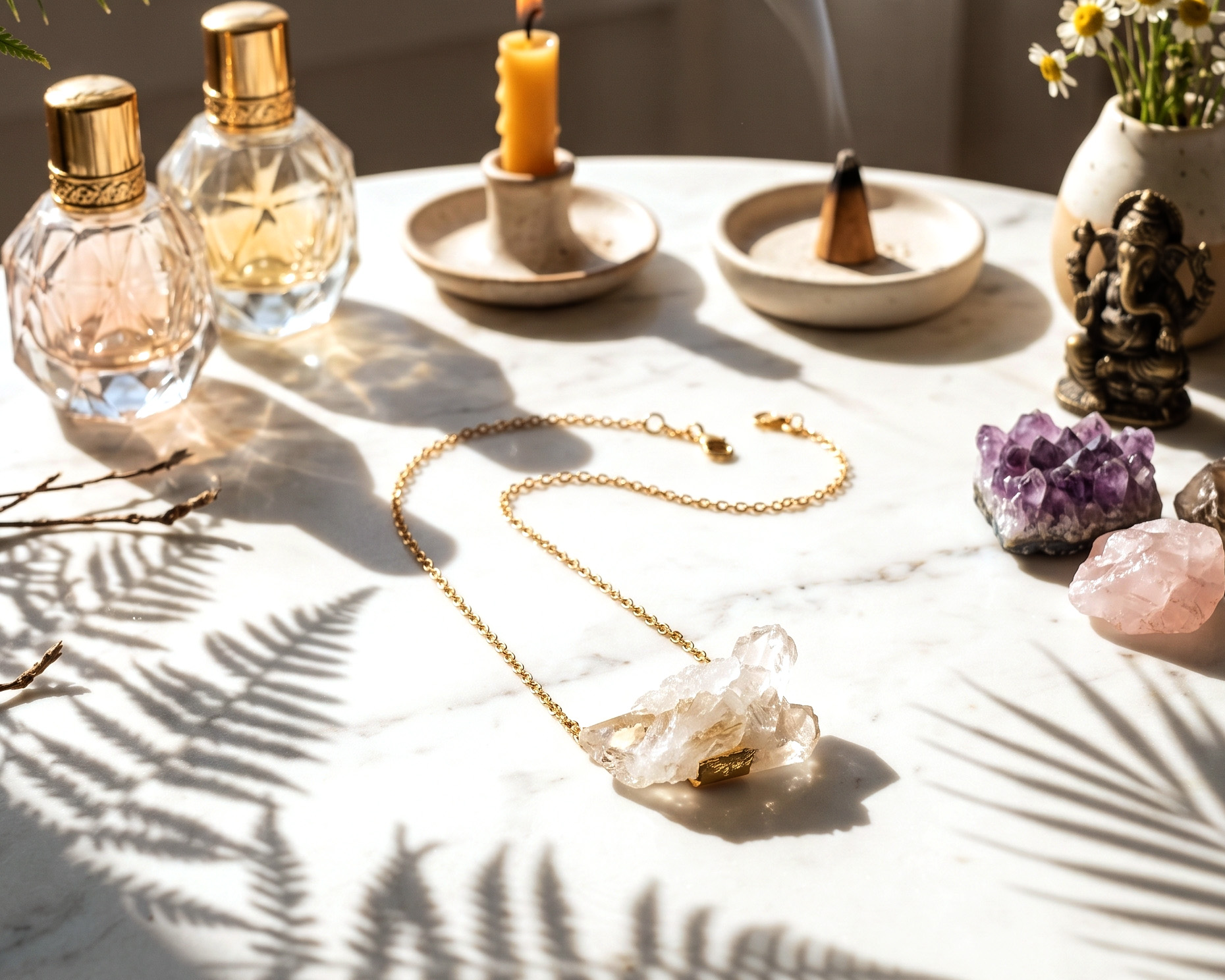Colar Drusa de Cristal em Aço Inox Dourado