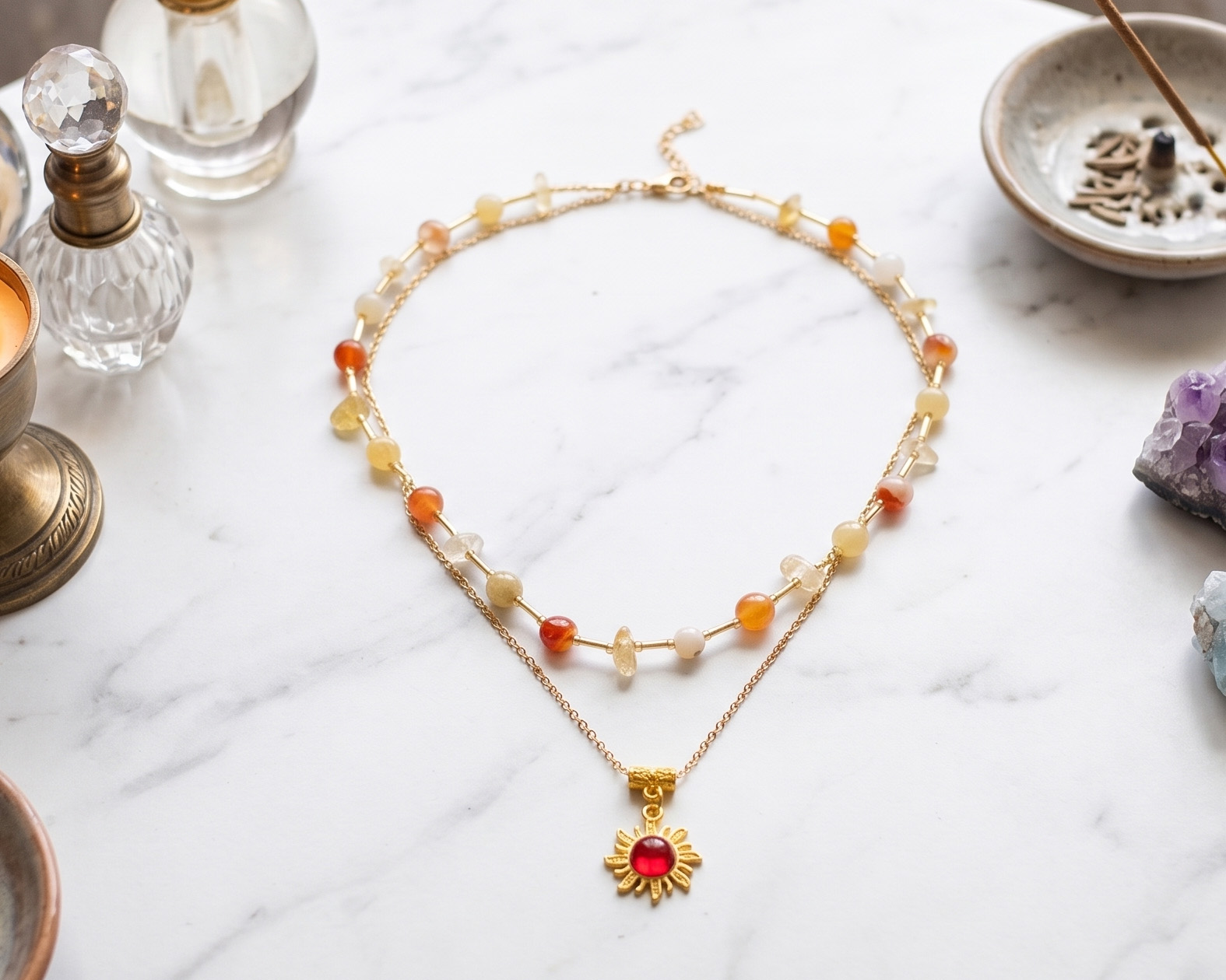 Colar da Prosperidade SunCatcher (Citrino, Ágata e Jade Amarela) em Aço Inox Dourado