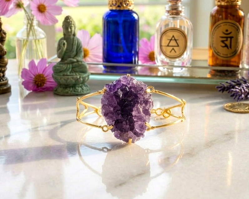 Bracelete de Ametista Bruta Banhado a Ouro (Ajustável)