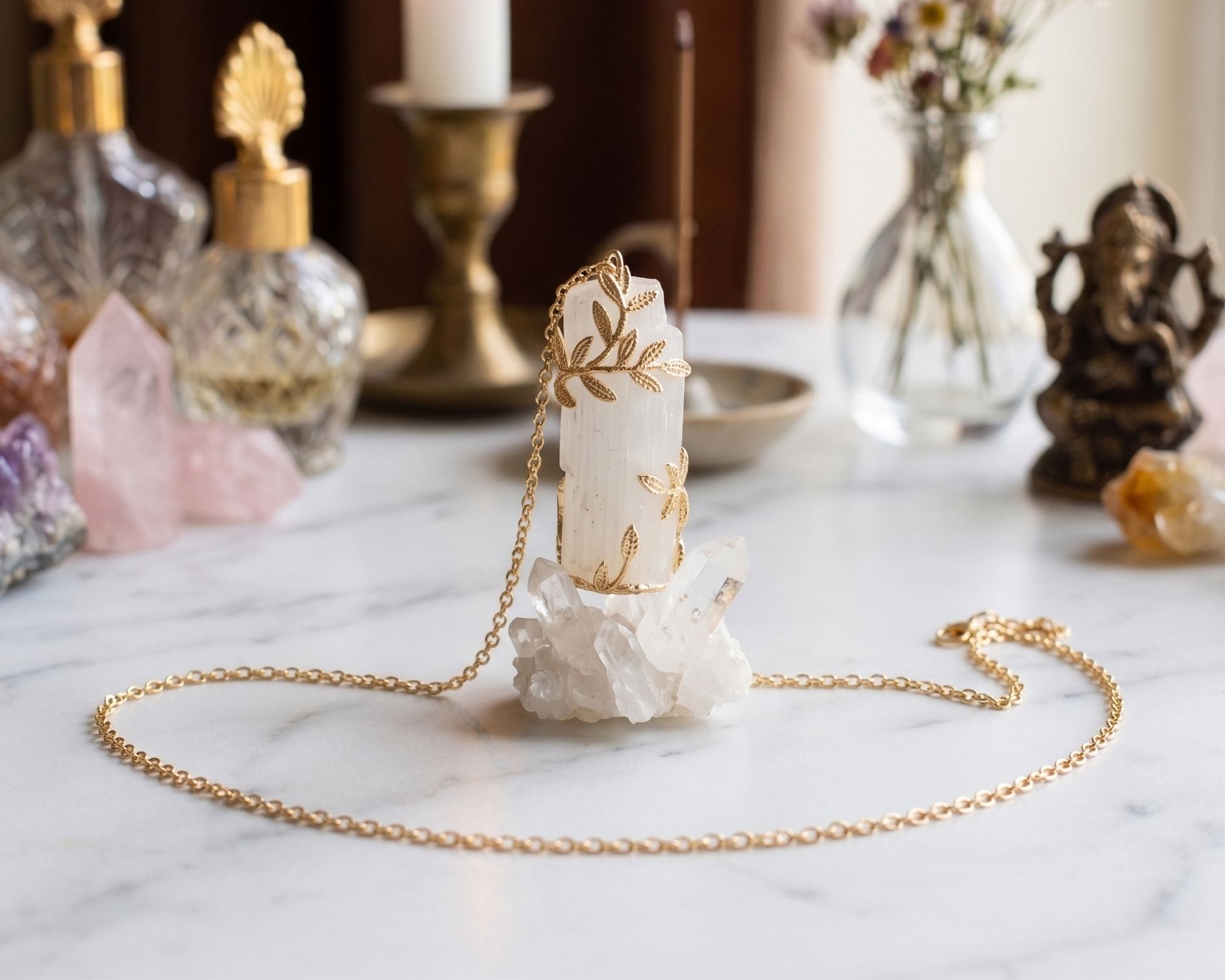 Colar de Selenita Banhado a Ouro em Aço Inoxidável